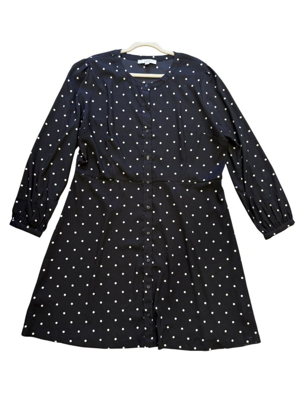 Loft Black White Dress Polka Dot Button-Down Long Sleeves 18 Midi Office Classic